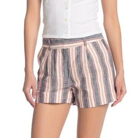 FRAME High Waist Linen Shorts Natural White Multi Stripe Size 2 - Picture 1 of 10
